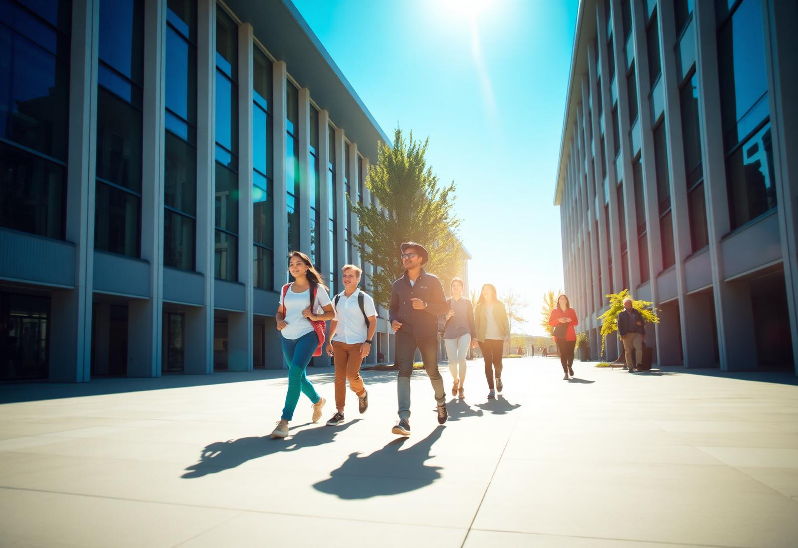 International students walking across a university campus