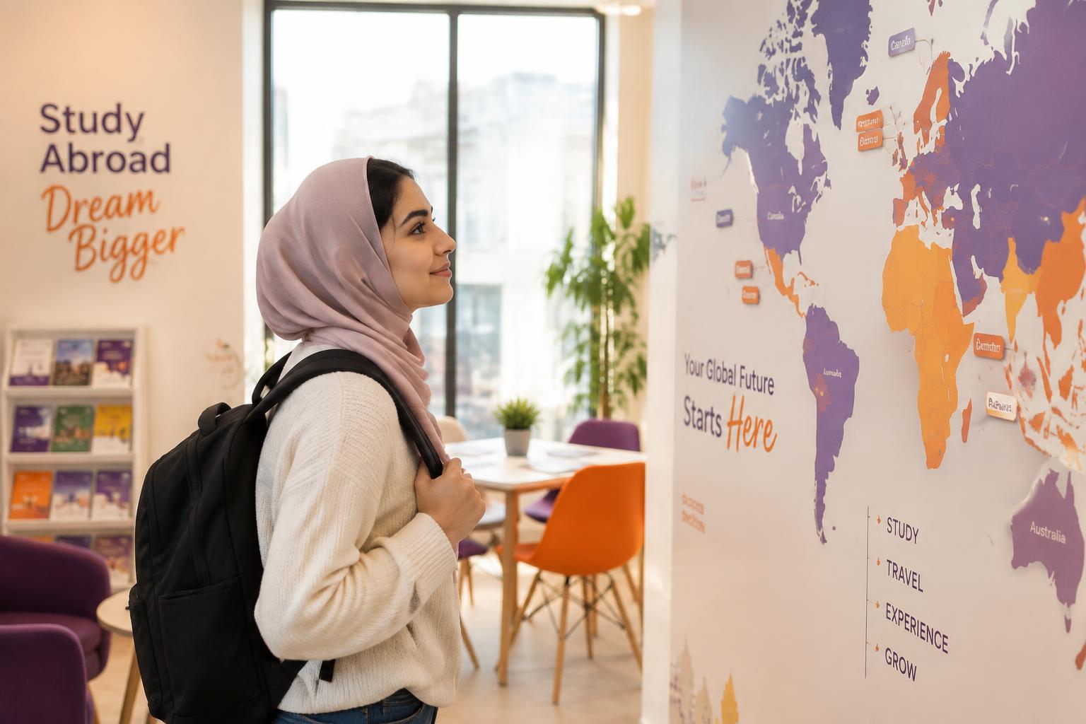 A student planning her study-abroad destination at a world map